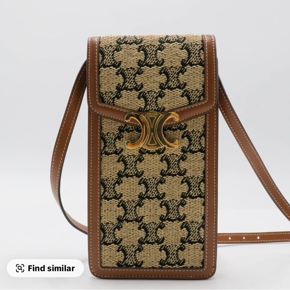 Celine Vertical Triomphe Phone Pouch In Textile With Triomphe and Calfskin Tan